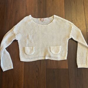 Open-Knit Pocket Cropped Sweater in Cream, Coastal Gradma Style Size L